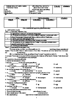 Đề kiểm tra 1 tiết lần 1 môn Tiếng Anh Lớp 6 (Thí điểm) - Năm học 2014-2015 - Phòng GD & ĐT Hoài Nhơn (Có đáp án)